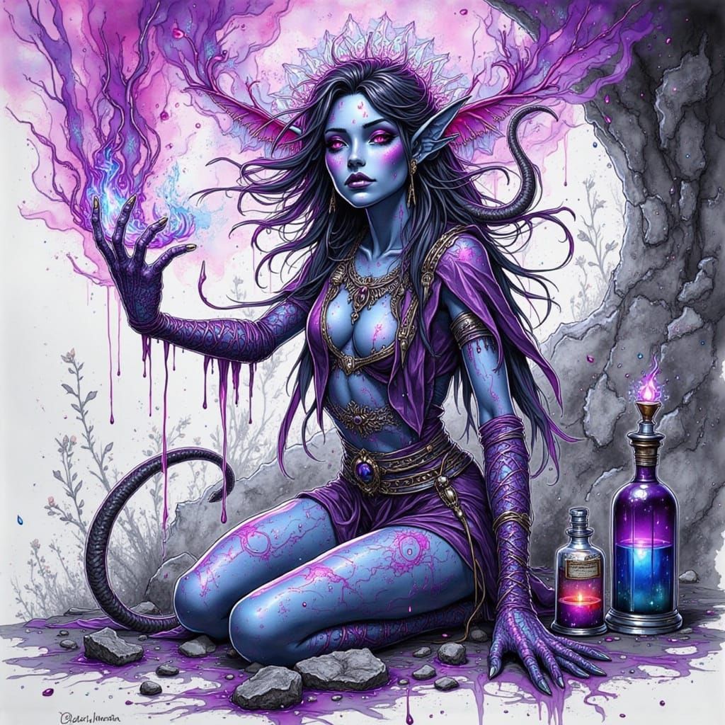 Tiefling Alchemist Metamorphosis in Ink Art Style