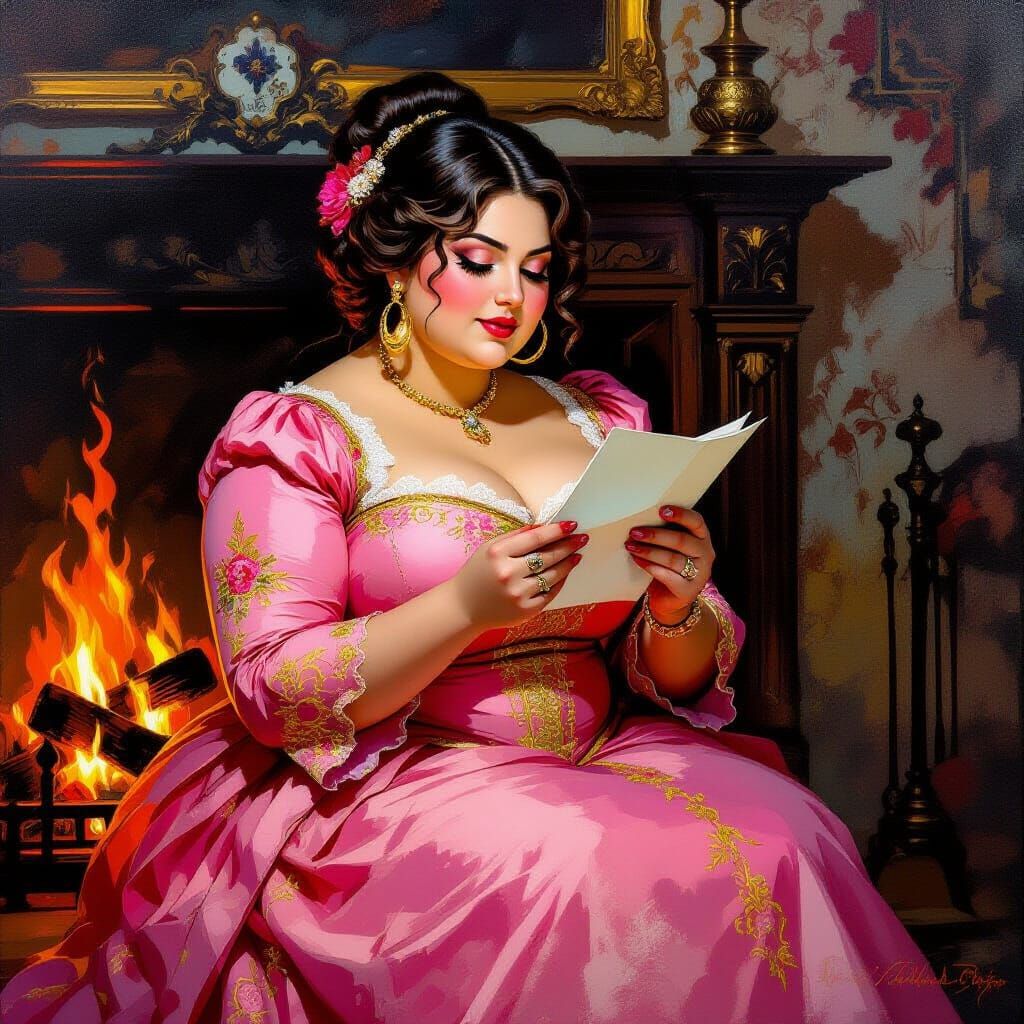 Victorian Woman Reading by Fireplace in Oil Painting Style