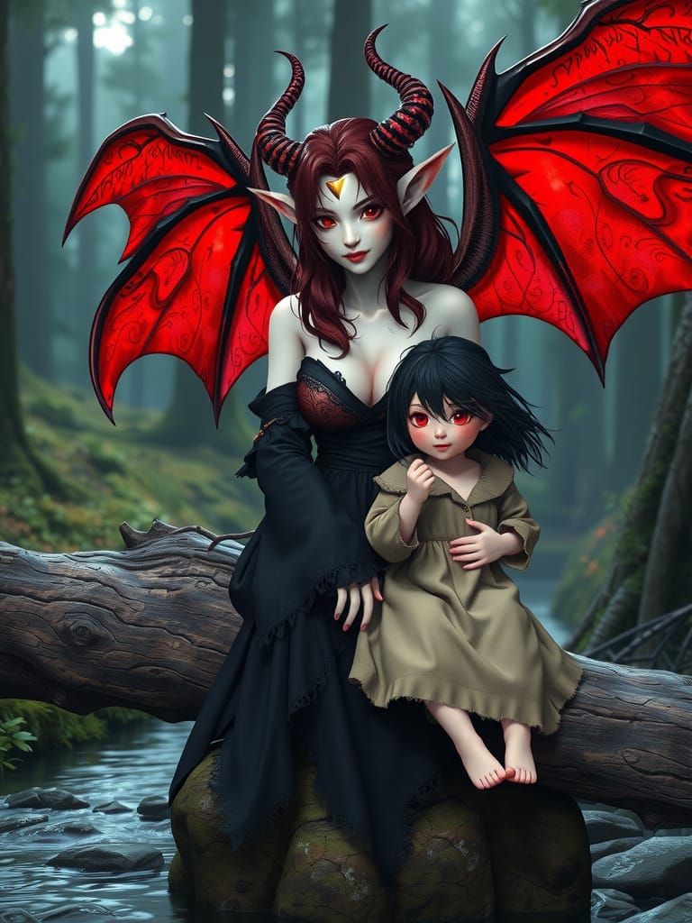 Demoness with Child in Forest, 3D Anime Art