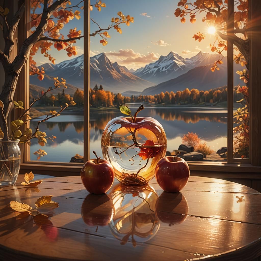 A transparent glass apple sits on a wooden table next to two...