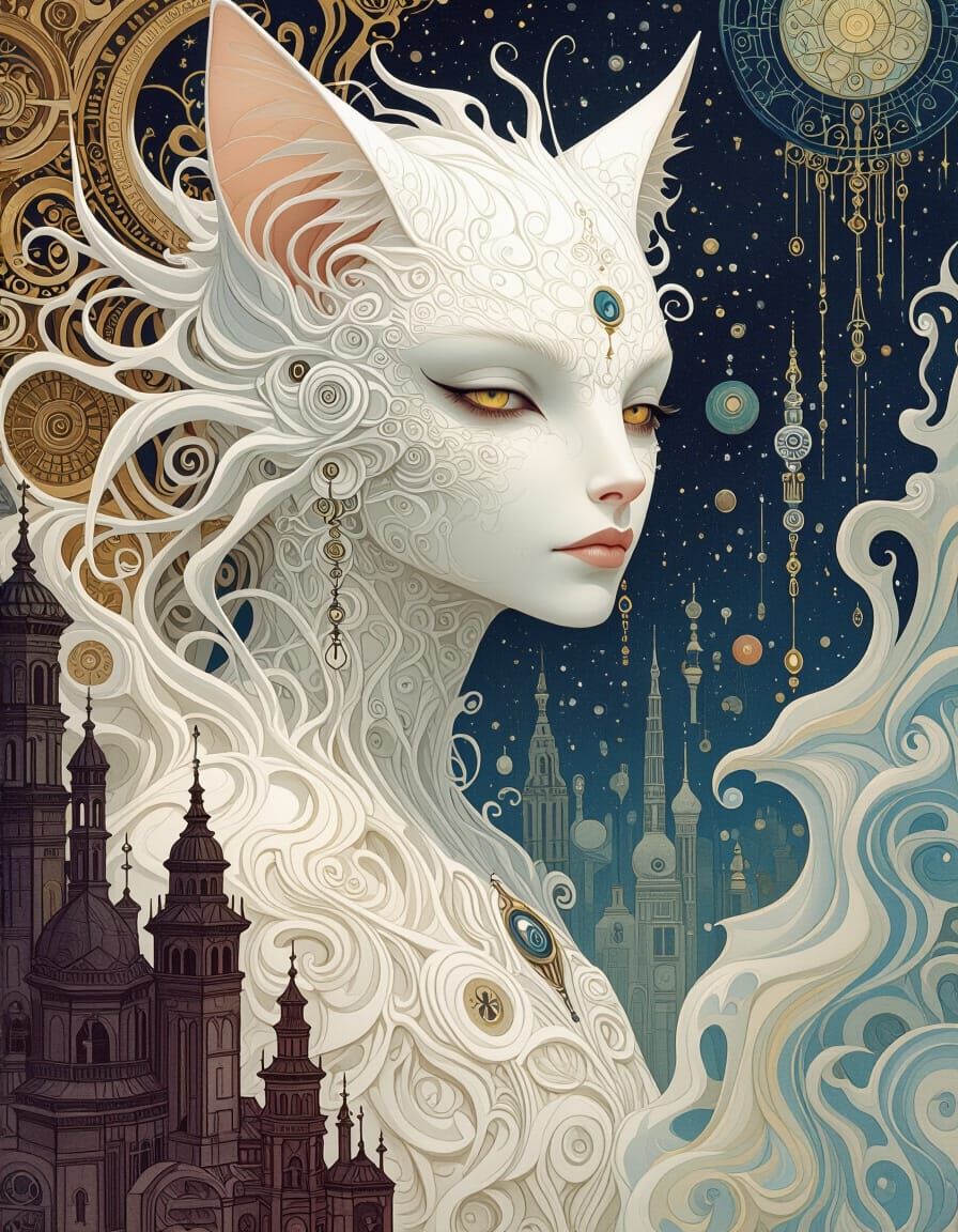 Futuristic White-Faced Creature in Watercolor Style