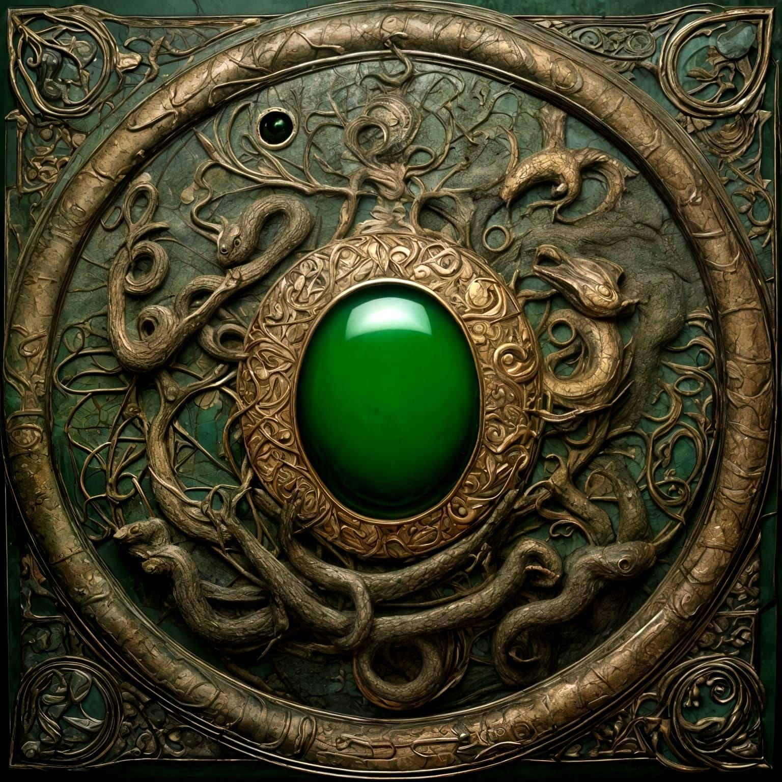 Emerald Goddess's Copper Shield in Klimt's Mysterious Forest