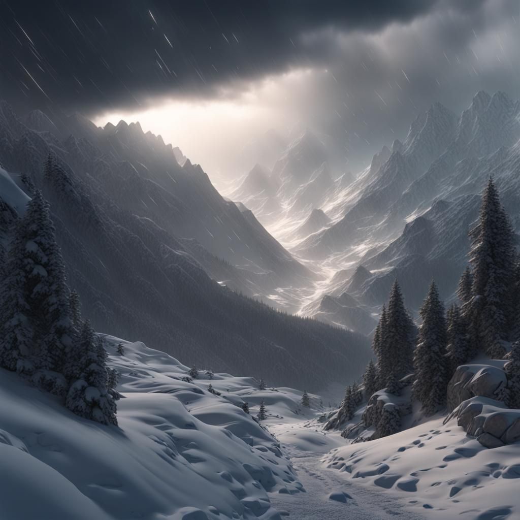 Snowstorm in the Mountains with Volumetric Lighting