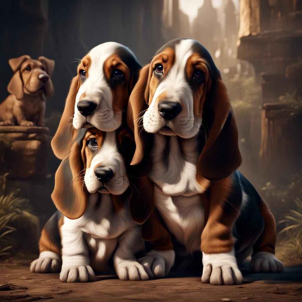 Basset Hound Puppies: Detailed Matte Painting