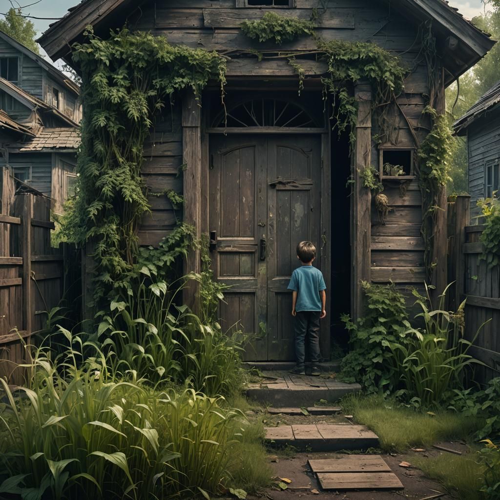 Children and a Dark Figure at Abandoned House