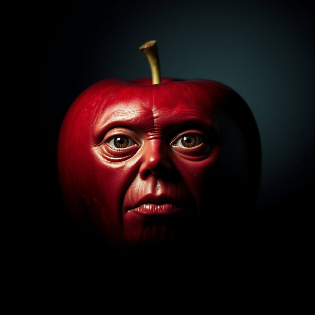 A hyper-realistic digital painting of a fruit with a human face, blending seamlessly into its natural texture. The fruit...