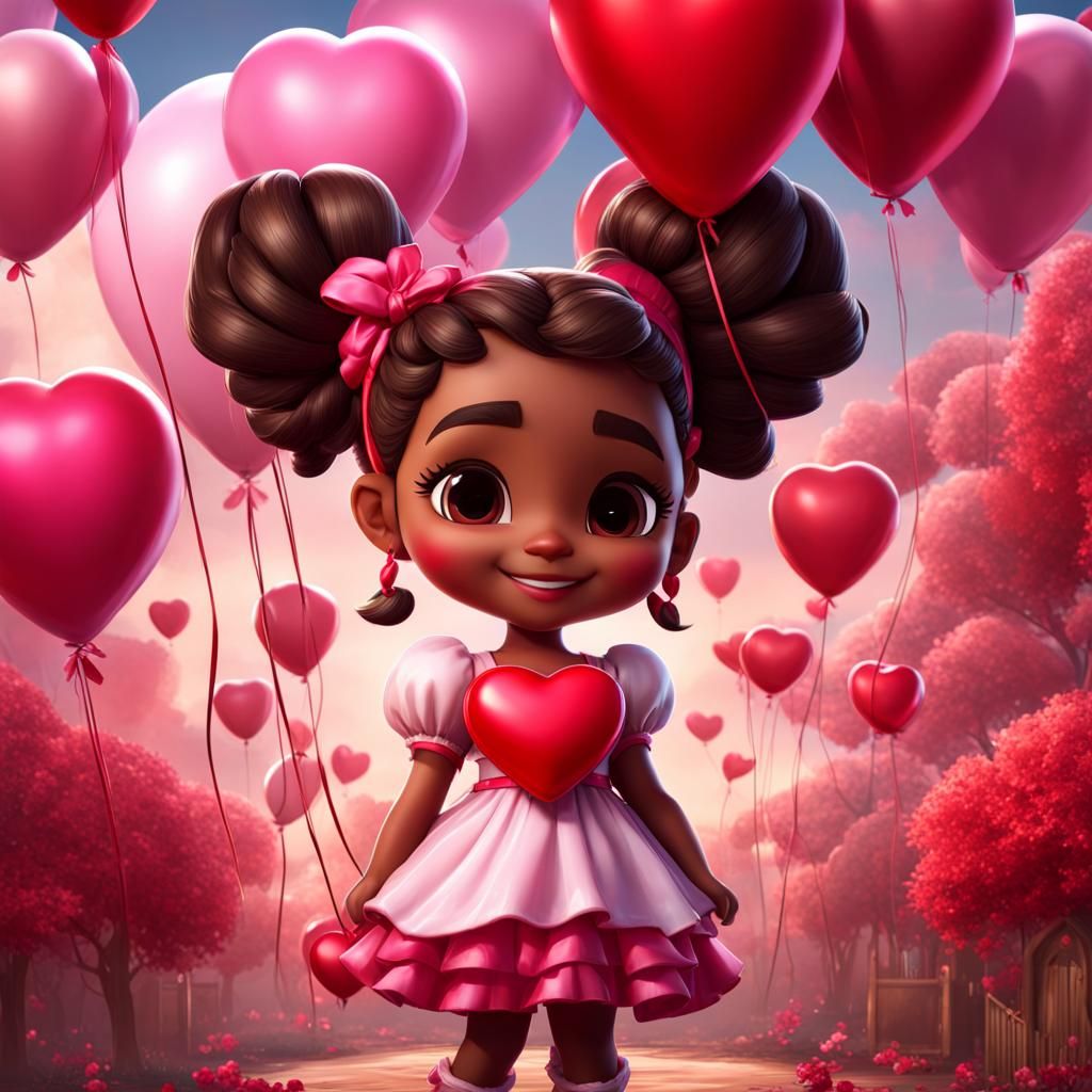 Chibi Girl with Valentine Balloons, Digital Matte Painting