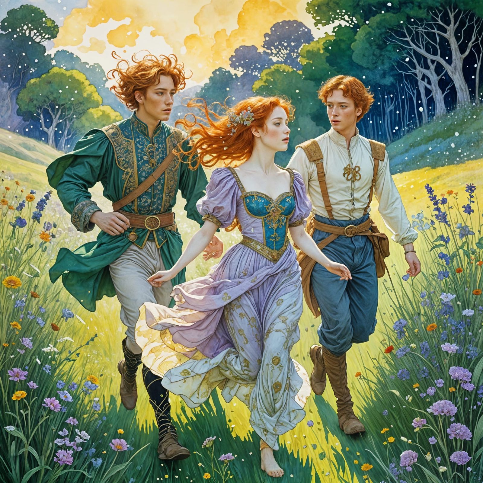 Redhead Princess and Prince in Fantasy Watercolor