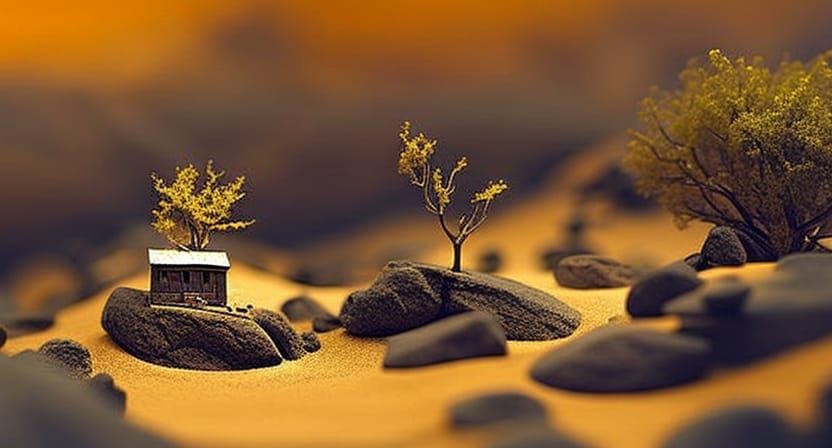 Miniature Desert Village in Terrarium with Cacti