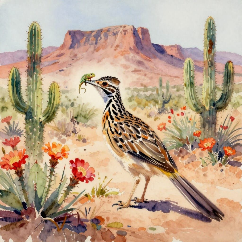 Roadrunner and Lizard in Desert Landscape, Watercolor Style