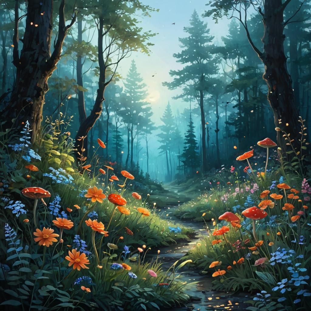 Enchanting Forest with Glowing Flora and Fauna
