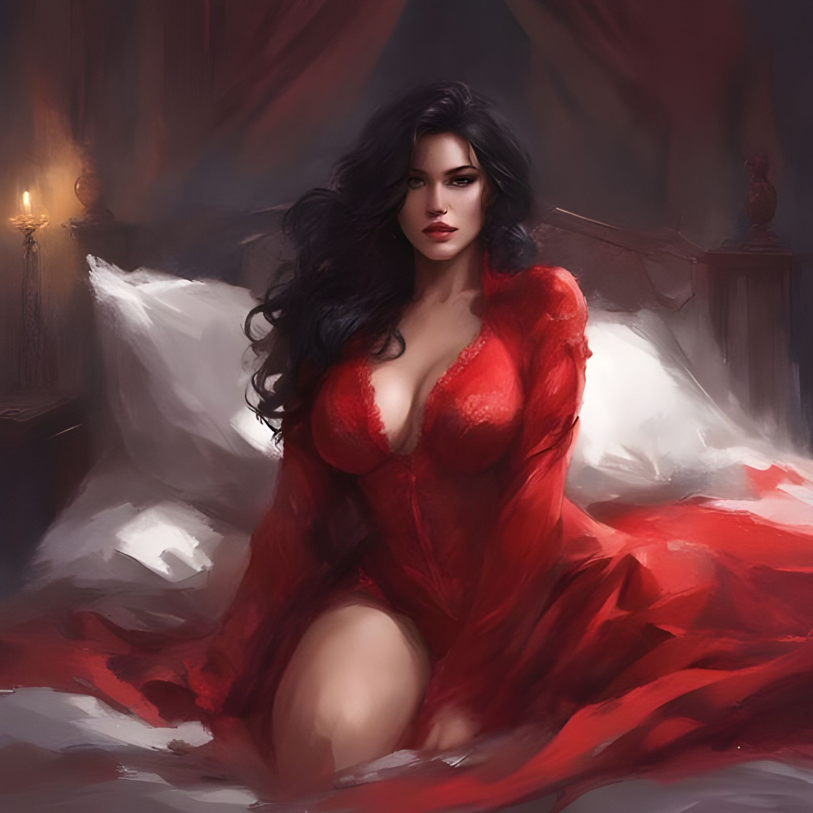 Stunning Dark-Haired Girl in Bed, Royo Style