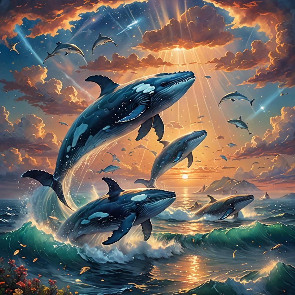 Giant Whales Swim Through Sunset Clouds in Ethereal Style