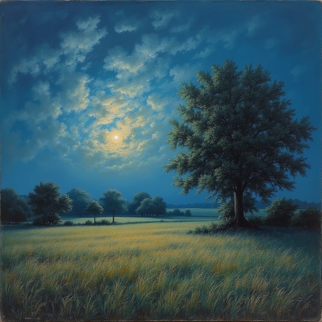 Ethereal Countryside Under Starry Sky, Pastoral Style