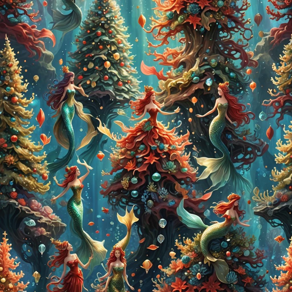 Underwater Christmas: Mermaids Celebrate in Art Nouveau Styl...