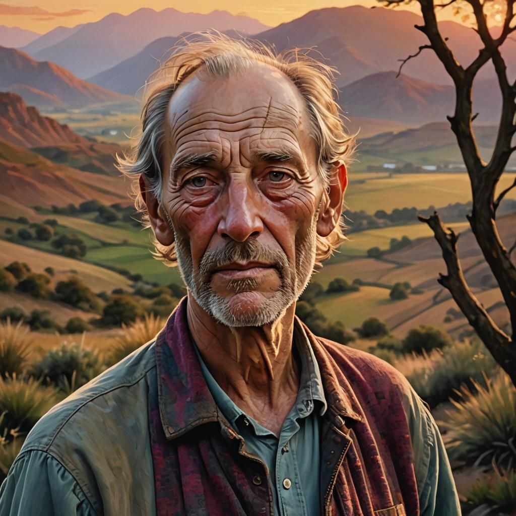 Wise Man Portrait in Serene Sunset Landscape