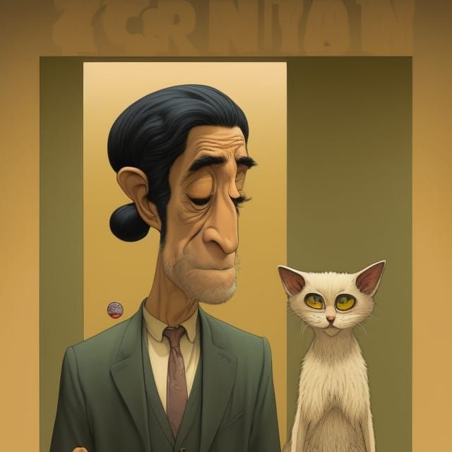 Eccentric Man and Fluffy Cat: Vintage Illustration