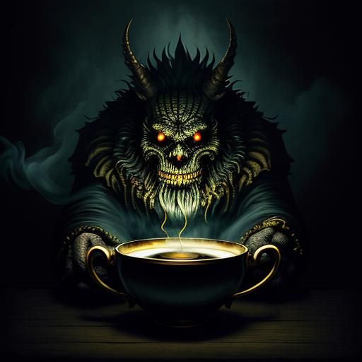 Grotesque King in Teacup: Surreal Dark Fantasy Art