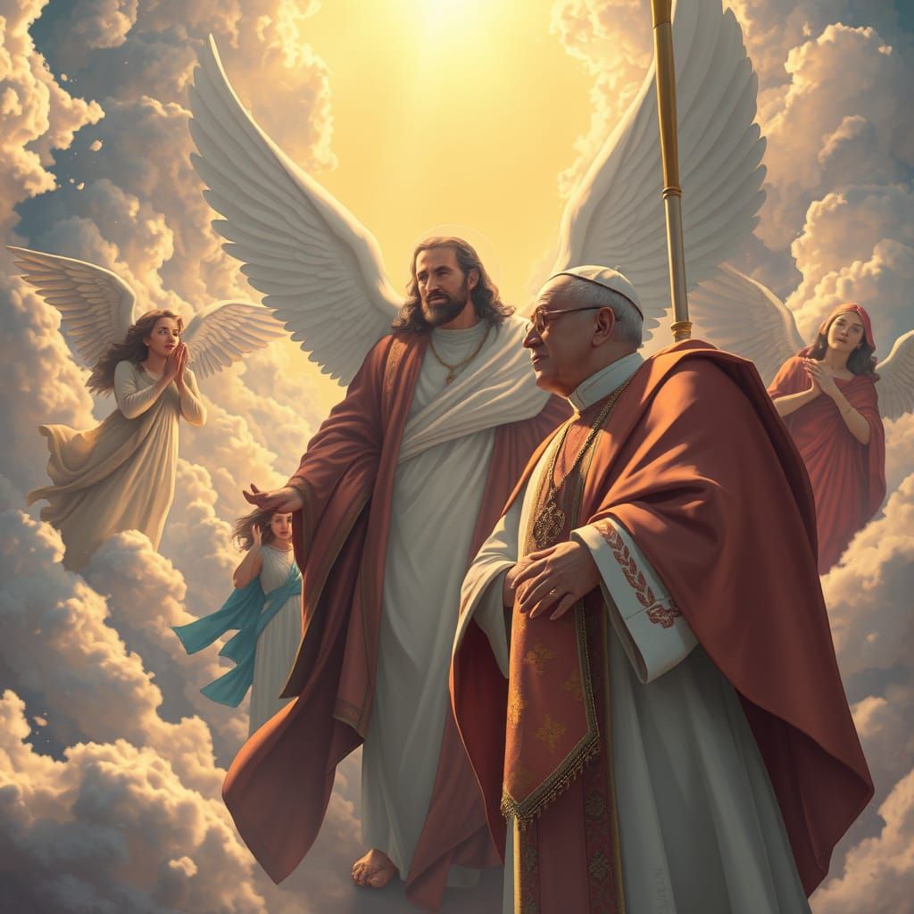 Angelic Realm with Jesus and Pope Francis in Ethereal Glory