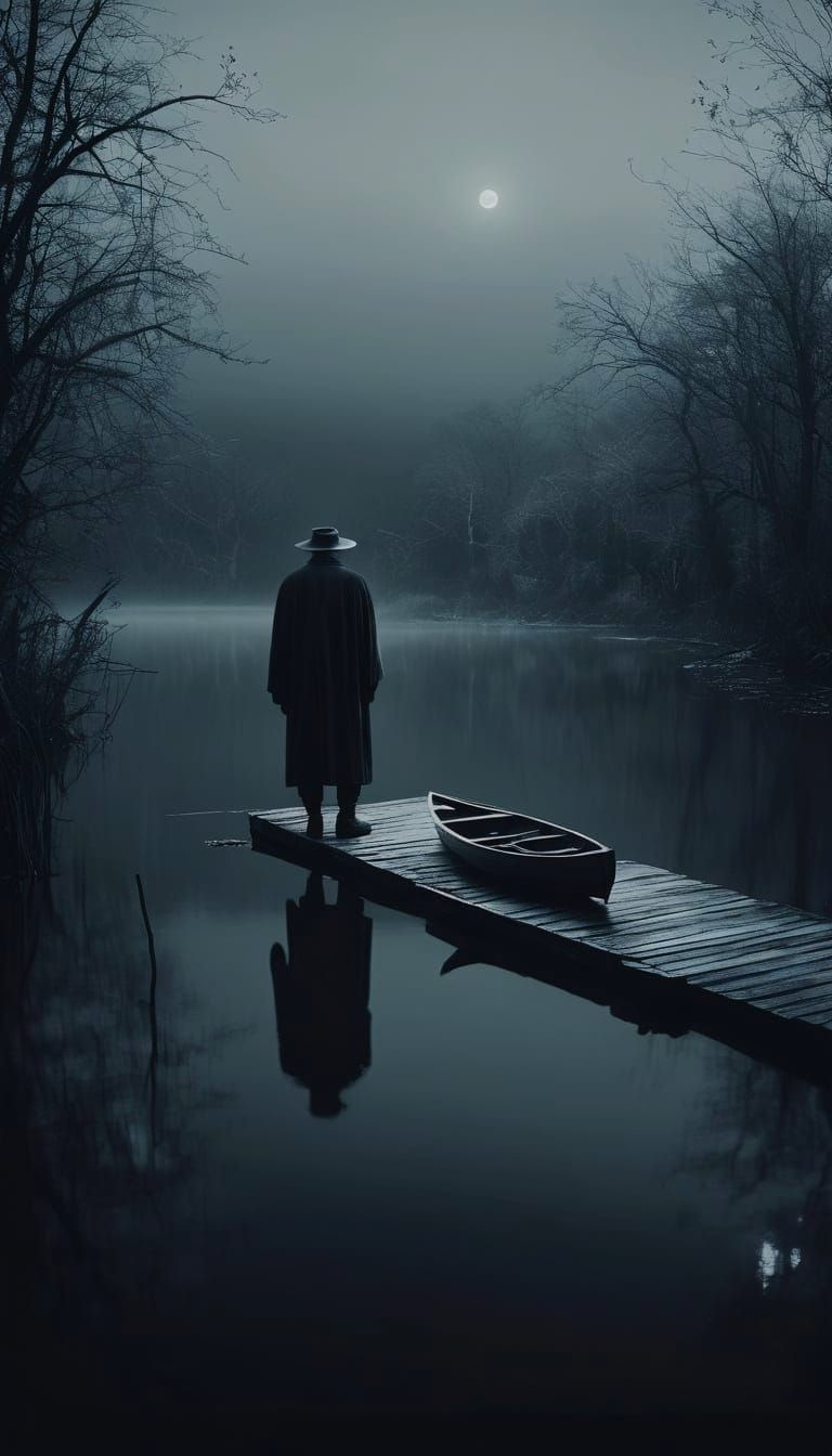Elderly Man and Death at River Dock in Black and White