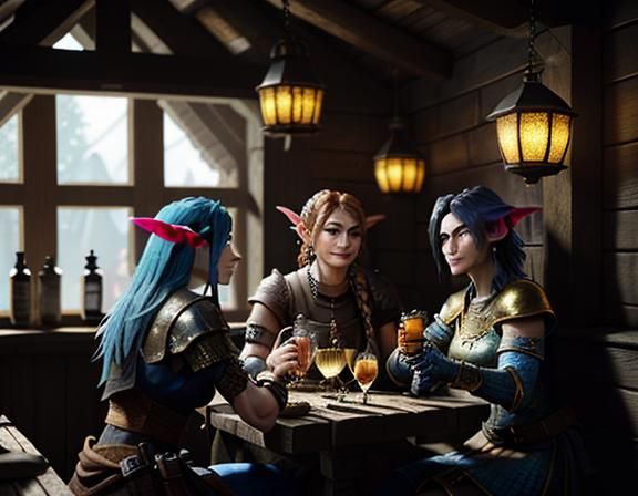 Goblins Enjoying Cocktails in Rustic Tavern: 3D Game Cinemat...