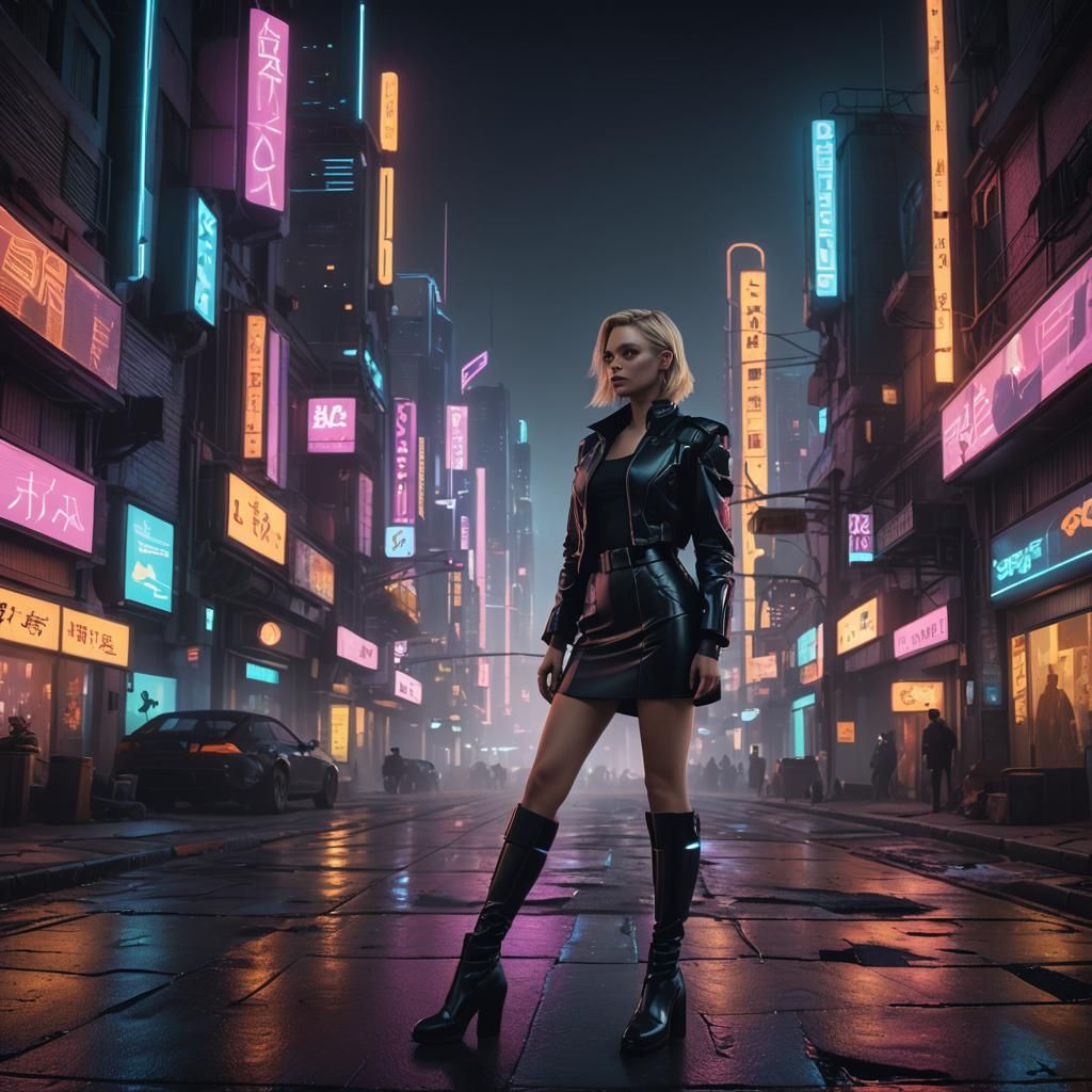 Cyberpunk Dark Fantasy Female Figure in Cityscape