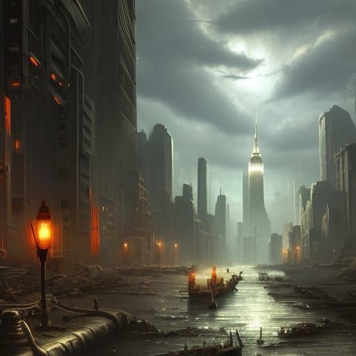 Post-Apocalyptic Empire State Building in Steampunk Style