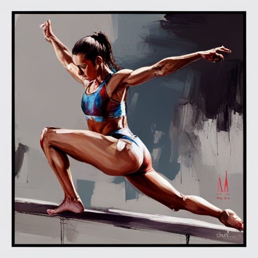 Gymnast on Beam in Digital Oil Painting Style