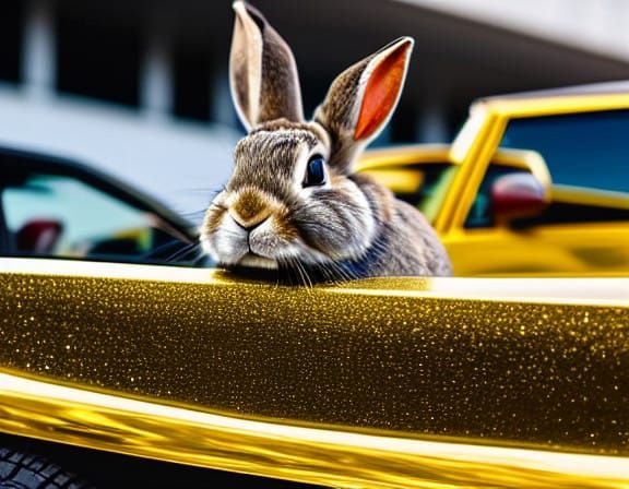A Rabbit Poses Beside a Luxurious Gold Sportscar in a Futuri...