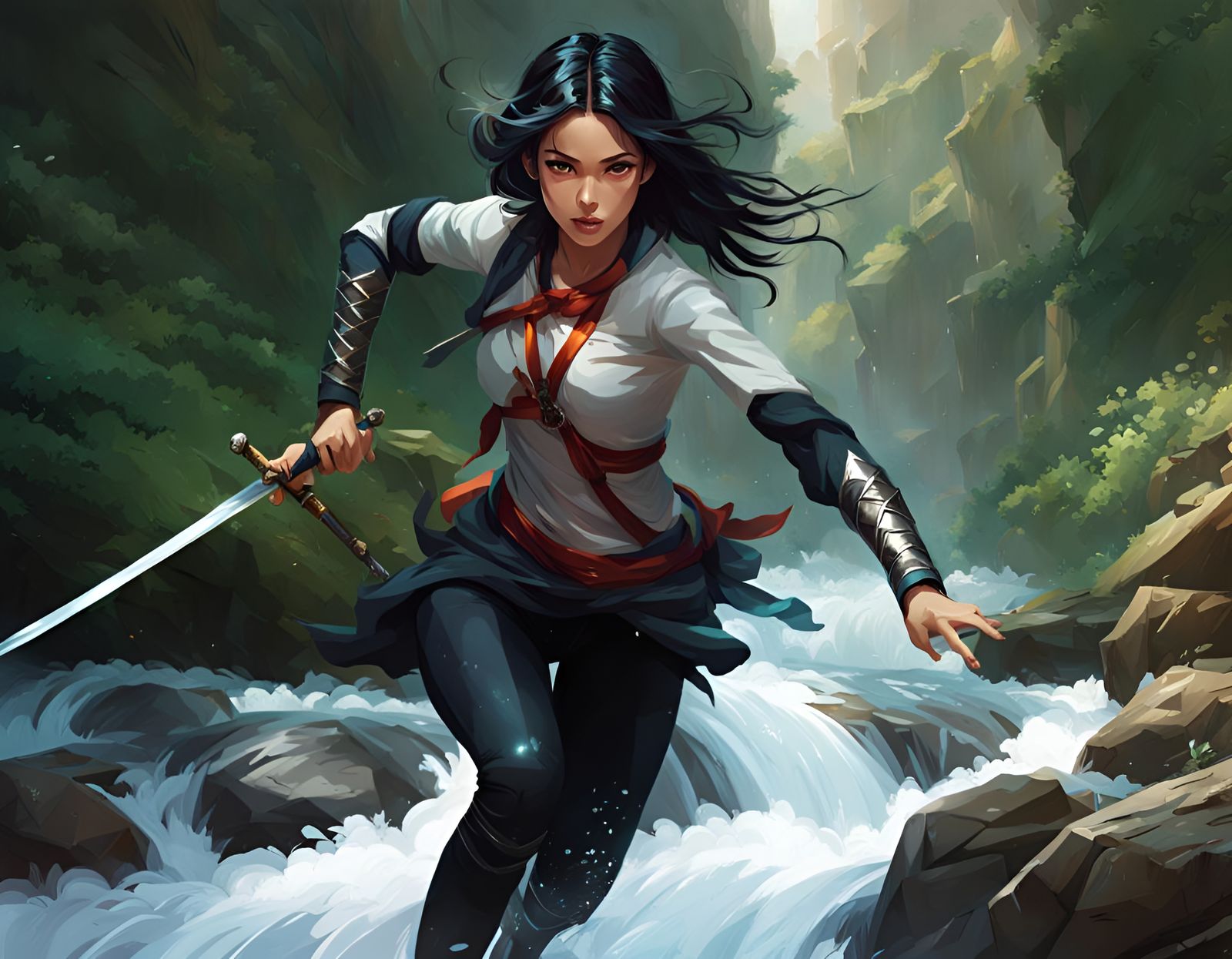 Girl Leaping Over River with Sword in Splash Art