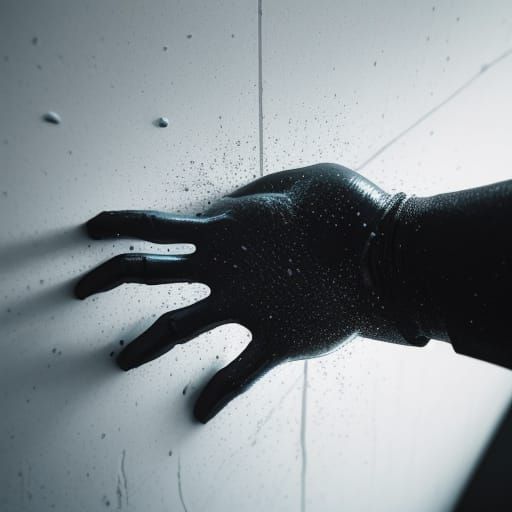 Macro photo of a fist punching through drywall with flecks scattered all around. diffuse light.