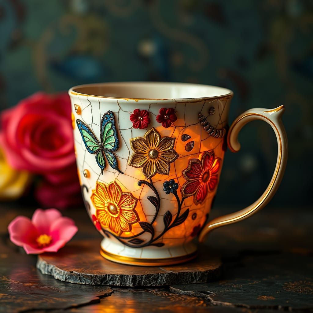 Luminous Embroidered Fantasy cracked coffee cup majolica, ki...