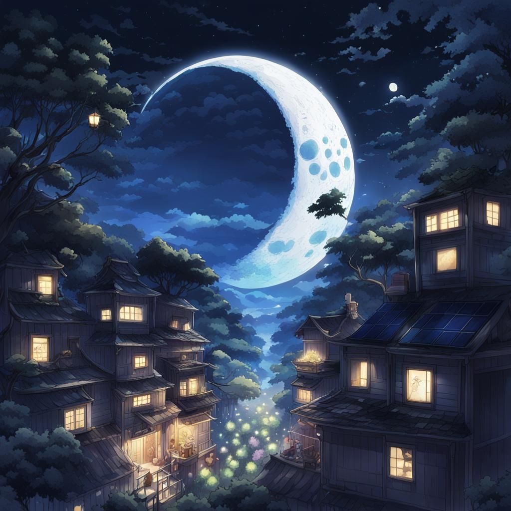 Celestial Anime Nightscape with Shifting Moon