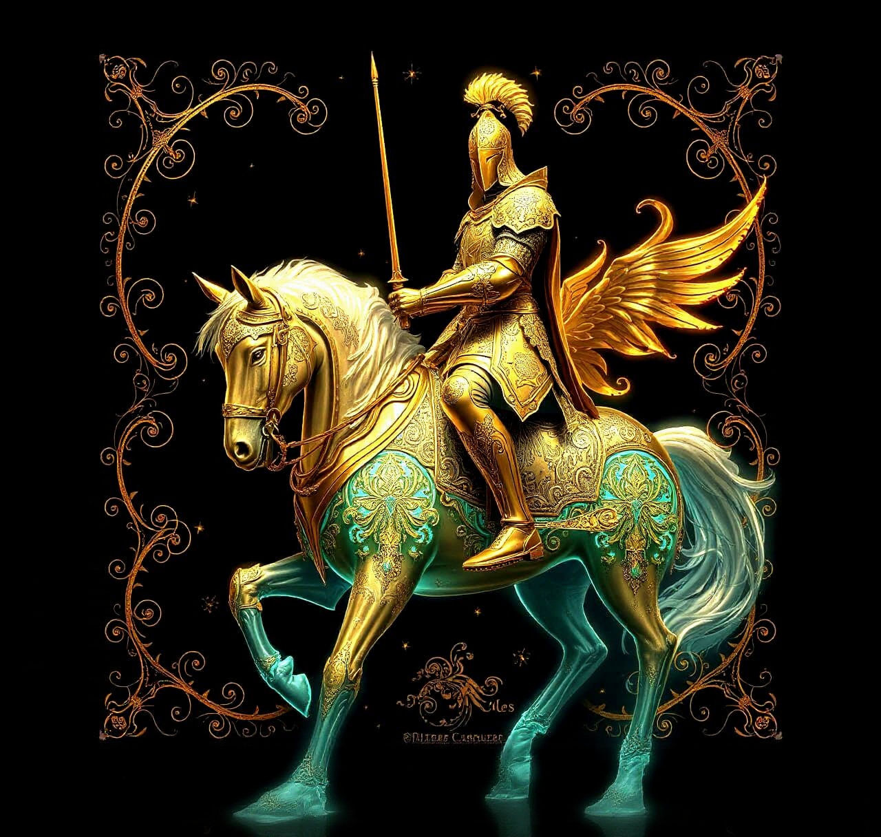 Bioluminescent Knight on Ethereal Horse with Filigree