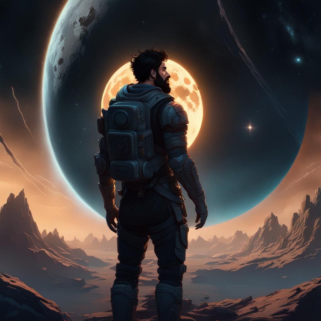 Boy Listens to Music in Space, Hyperdetailed Dark Fantasy