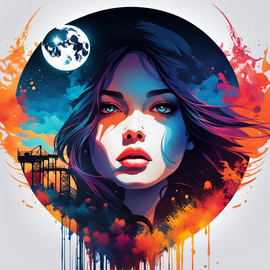 Double Exposure Portrait with Moonlit Eyes