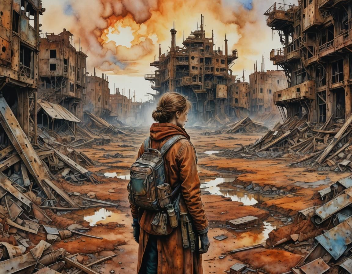 Wasteland,  lone human survivor  intricate and colourful bac...