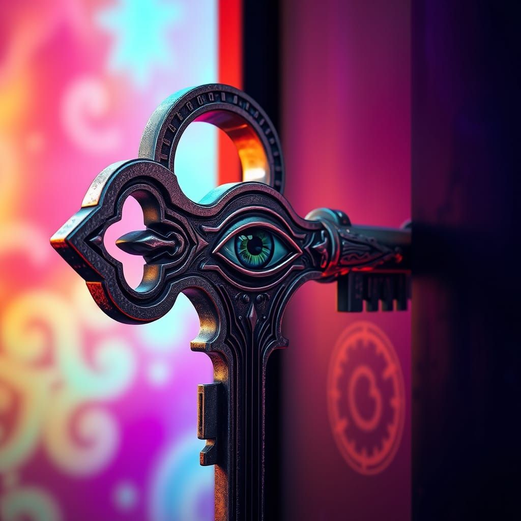 Hyper-Realistic Key in Mid-Shot with Eye in Keyhole