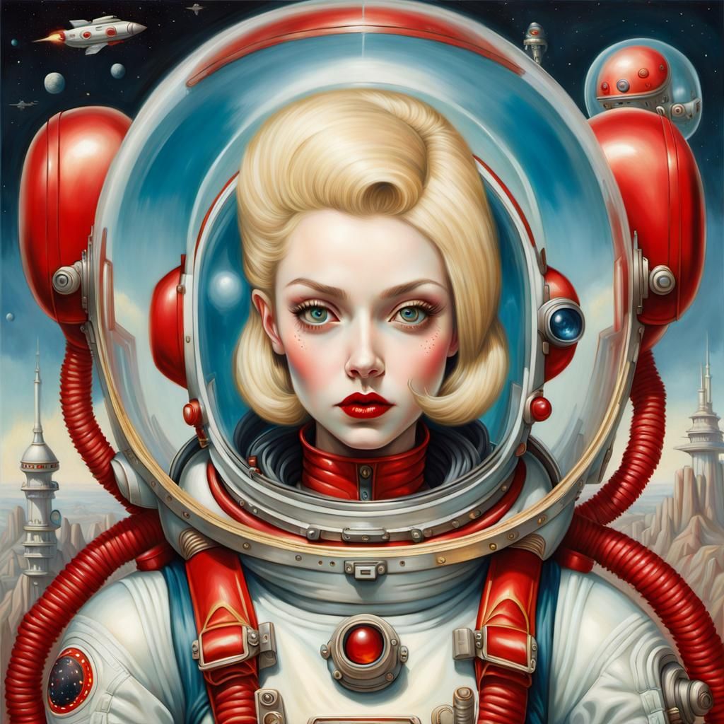 Retrofuturist Pin-Up Girl in Space Suit