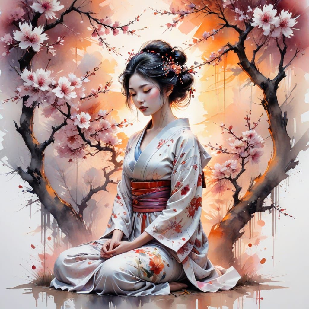 Eastern Serenity: A Watercolour Geisha in Blooming Harmony
