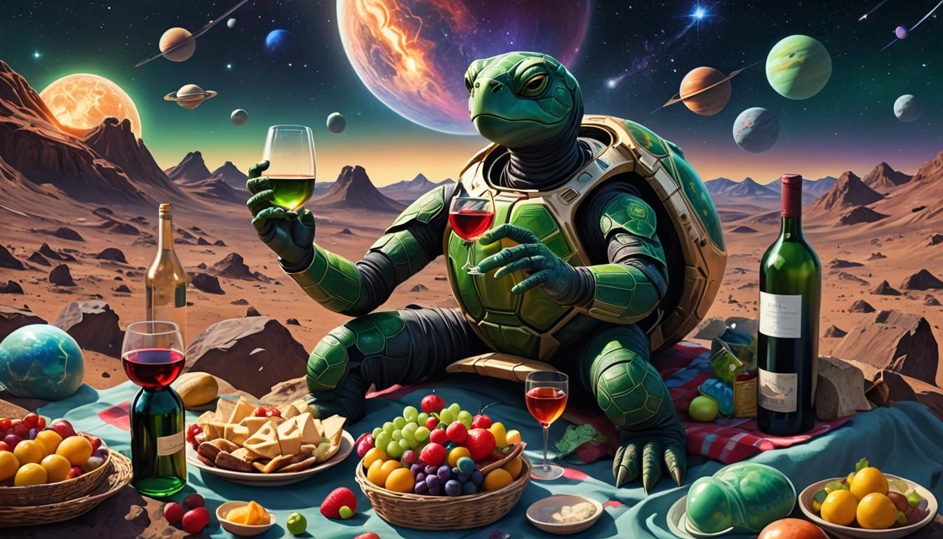 Space Turtle's High-Tech Picnic on Saturn
