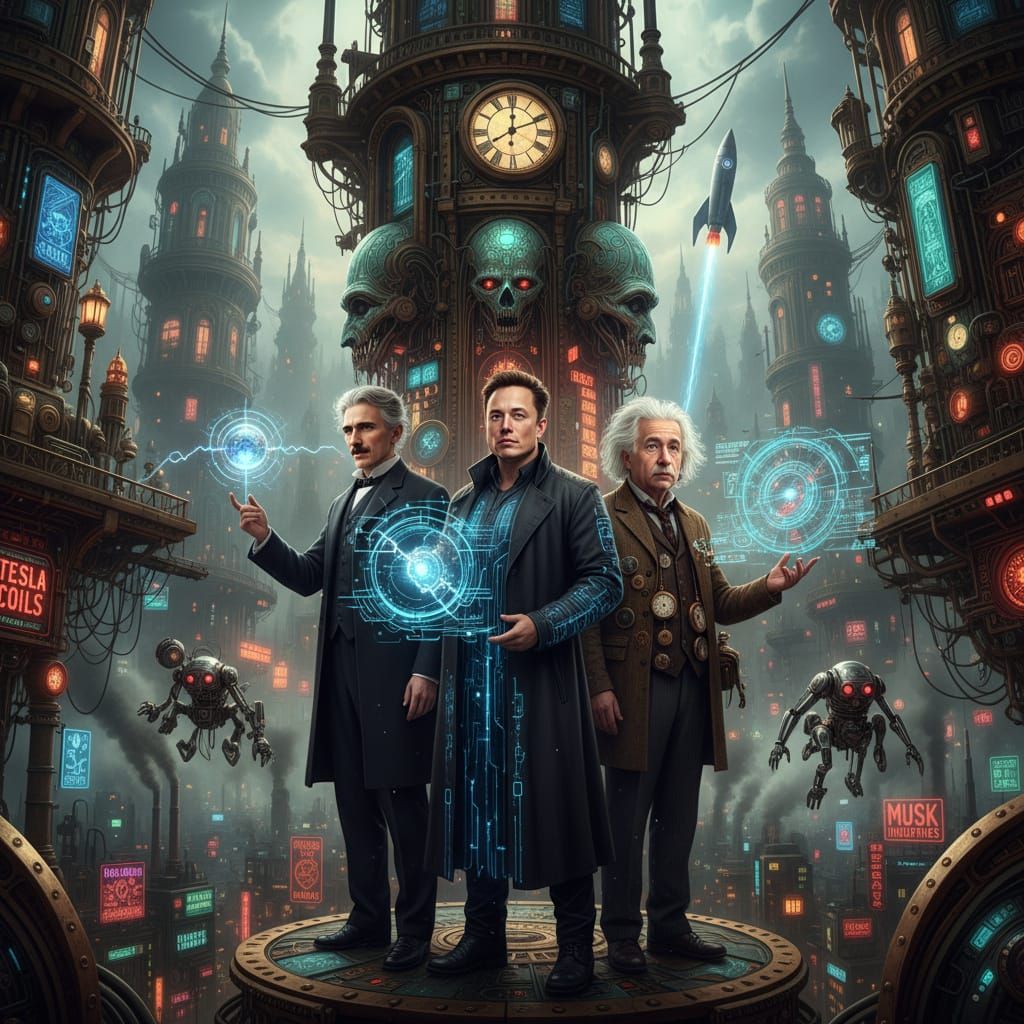 A surrealistic scene where the future and past collide. Nico...