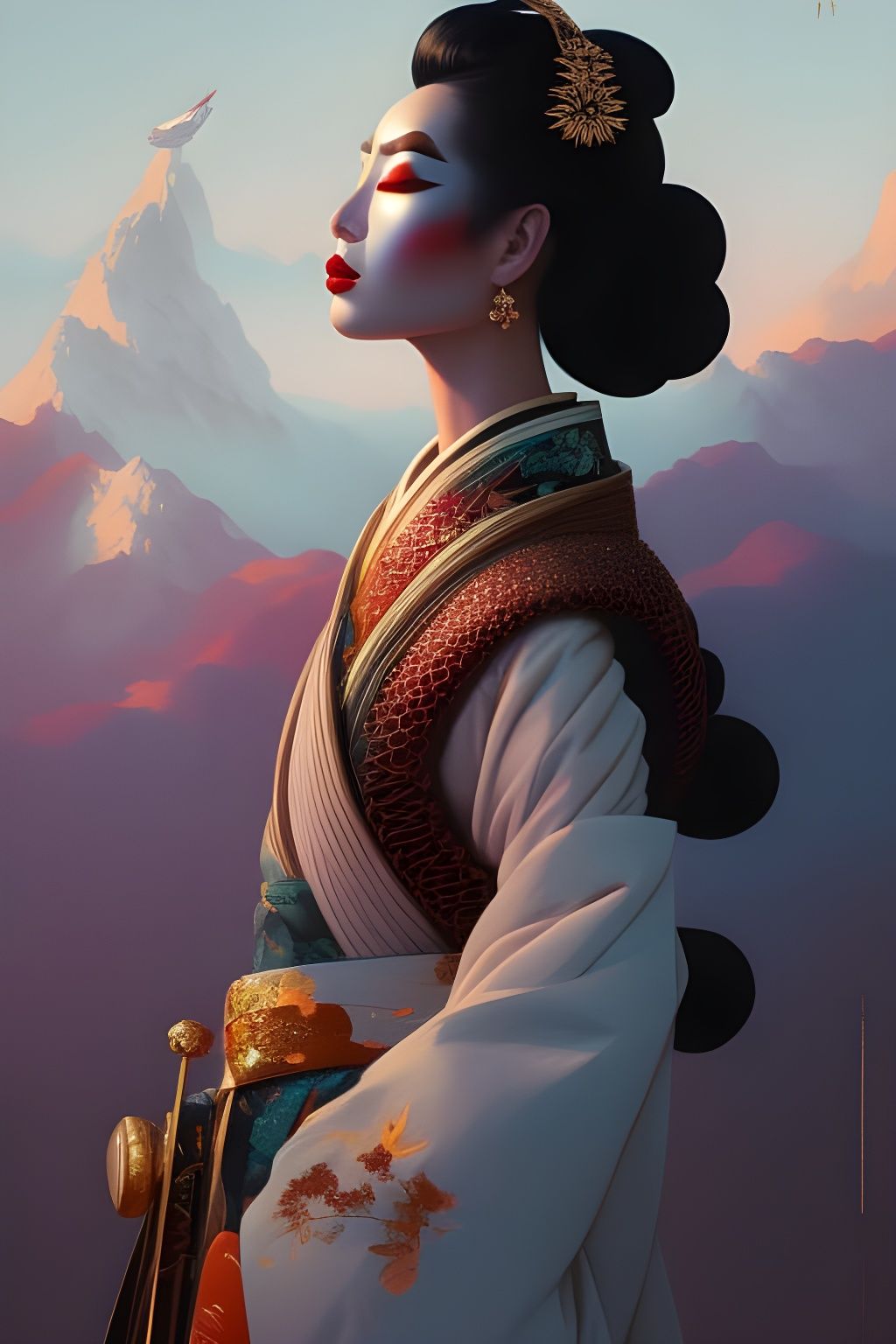 Geisha's Resolve: A Gouache and Airbrush Painting