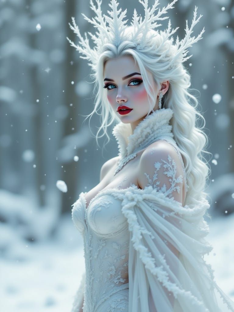 Majestic Snow Queen in Hyper-Realistic Fantasy Art