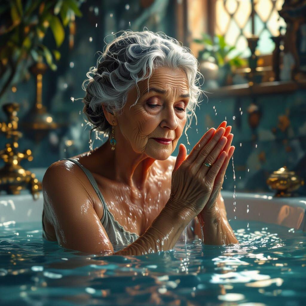 Elderly Woman Bathing in Fantastical Matte Painting Style