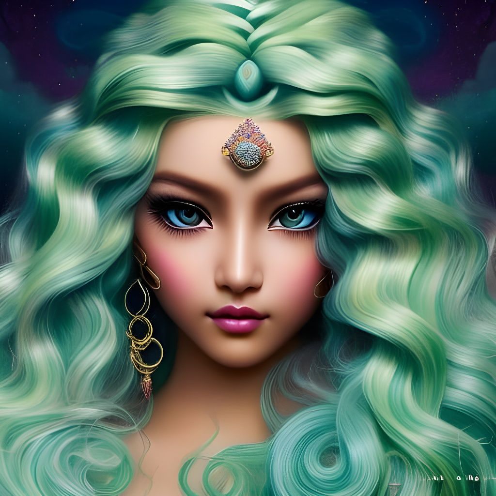Elegant Navajo Girl with Green Hair, Art Deco Style