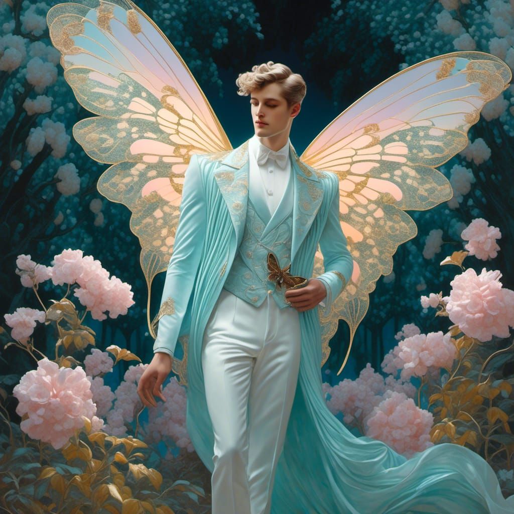 Art Nouveau Moth-Winged Man in Overgrown Garden