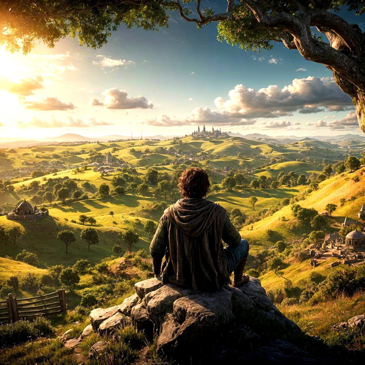 Frodo Overlooking Hobbiton in Cinematic 3D Render