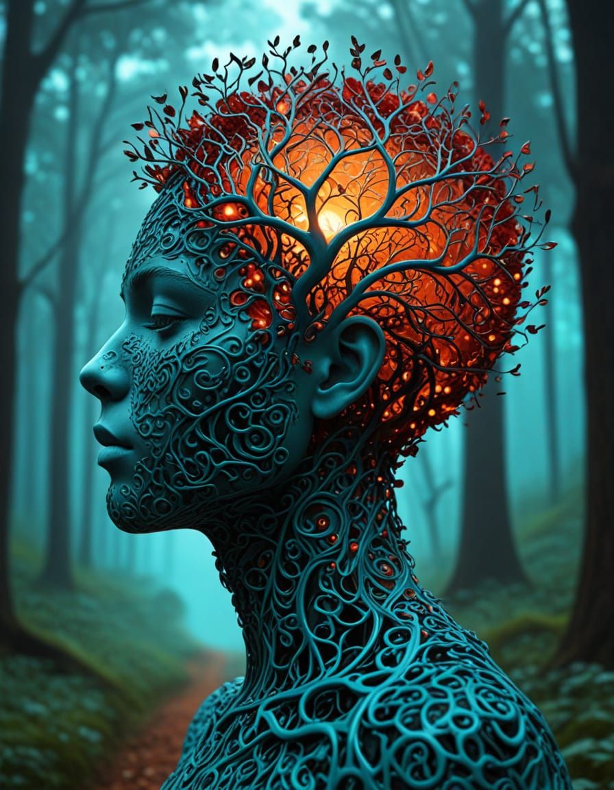 Surreal Metal Filigree Portrait with Dreamlike Forest