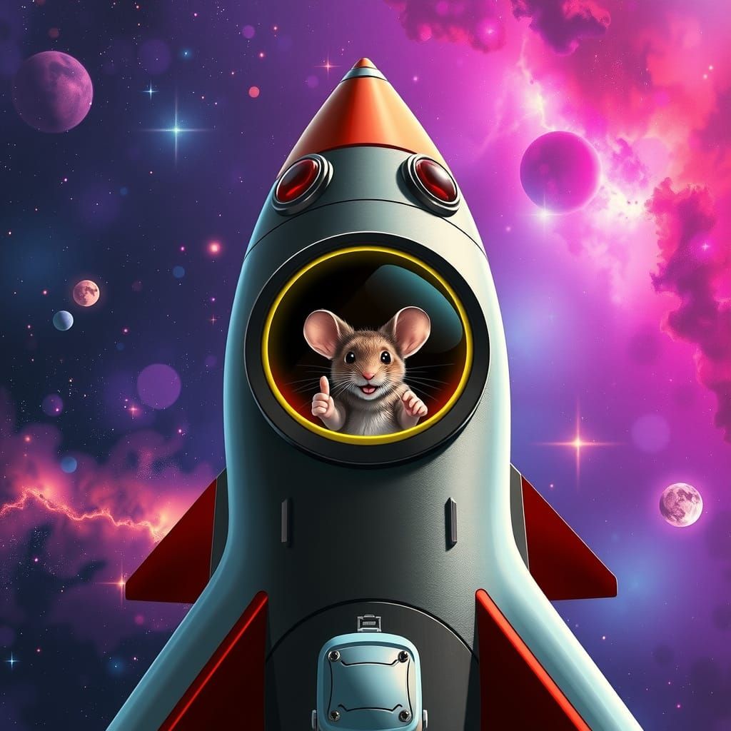 Mouse Gives Thumbs Up From Rocket in Epic Sci-Fi Space Art